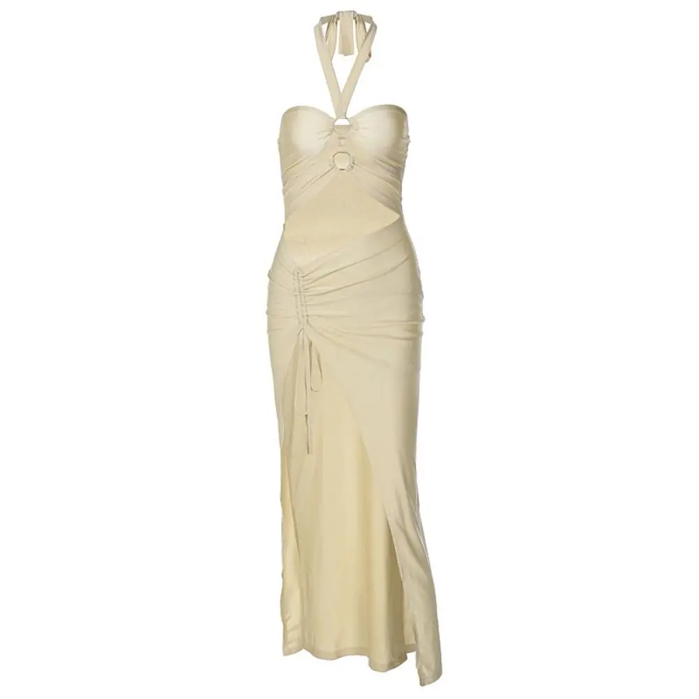 Neckholder-Kleid für Damen, ärmellos, geteilt, schmale Passform, hohes Schlitzkleid, rückenfrei, ärmellos, hohl, rückenfrei, schmal geschnittenes Kleid