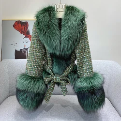 2023 Autumn Winter Women Thick Coat Natural Real Sliver Fox Fur Collar Cashmere Wool Jacket Luxury Outwear Lady Female Warm Coat