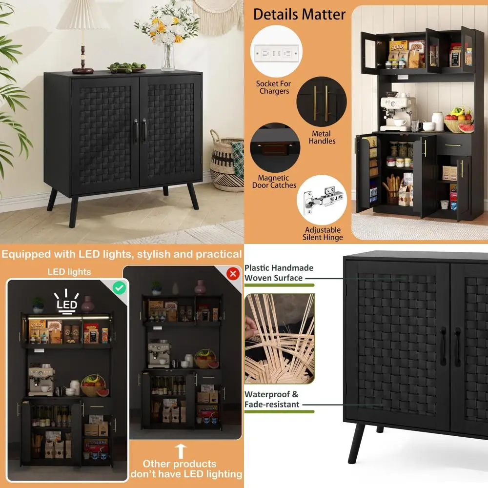 

Freestanding Black Tall Kitchen Pantry Cabinet with Drawers and Hutch for Ample Food Storage