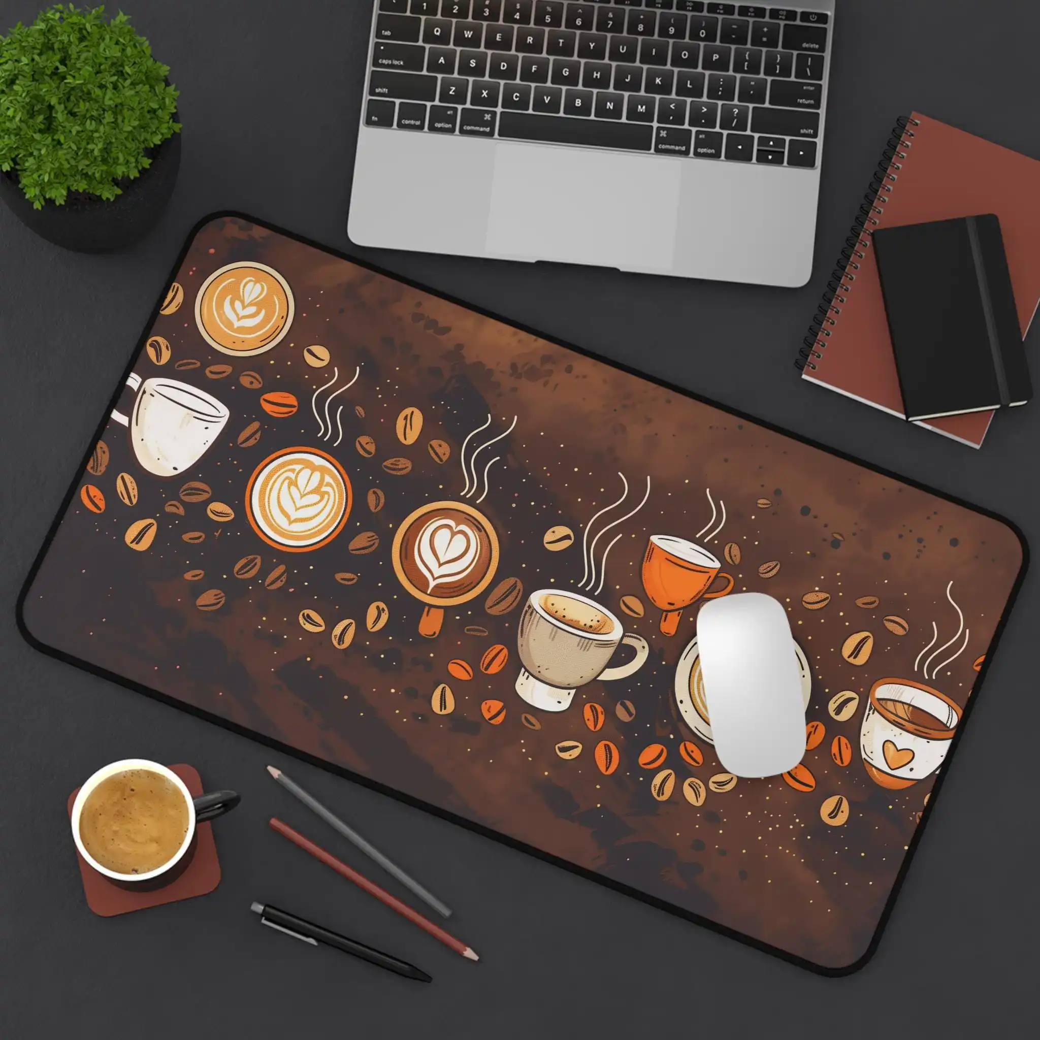 

Coffee Lover's Deskmat,with A Steaming Cup of Coffee,frothy Latte Art,and Scattered Coffee Beans,creating A Cozy Café Atmosphere