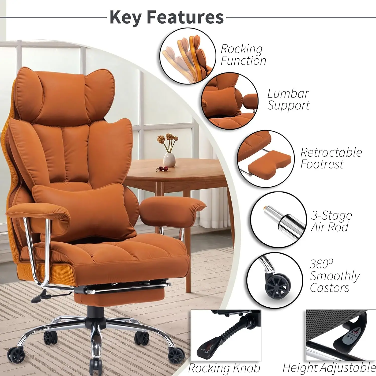 Efomao Executive Office Chair for Heavy People, High Back Computer Chair with Foot Rest, Height Adjustable PU Leather Office Cha