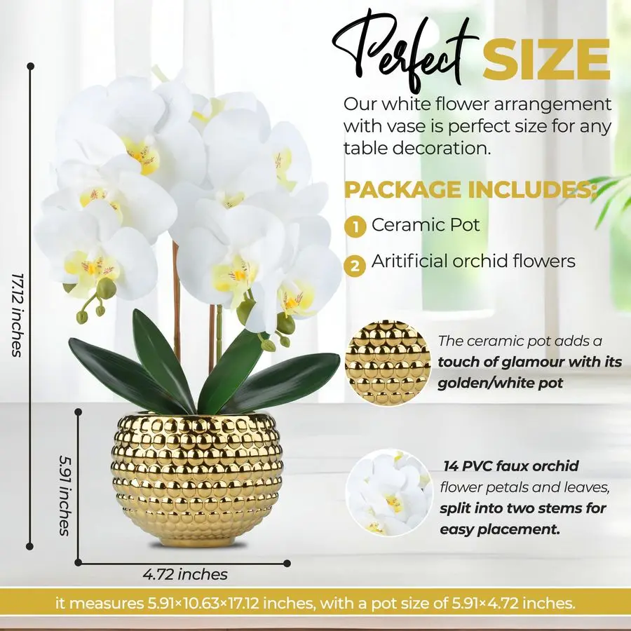 

Orchids Artificial Flowers, 17 White Faux Orchids with Gold Pot for Living Room Decor, White Faux Orchid Plant for Bathroom Kitc