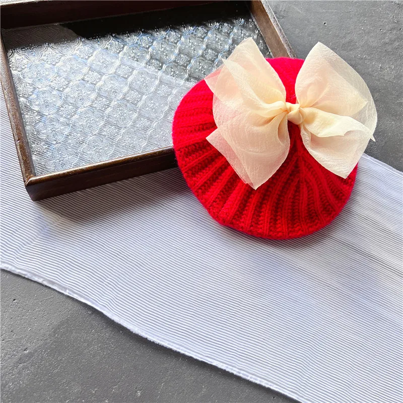 New Autumn Baby Bow Hat Berets for Girls Vintage Soft Knitted Cap Kids Infant Girl Bonnets Beret Hats  Painter Hat Accessories