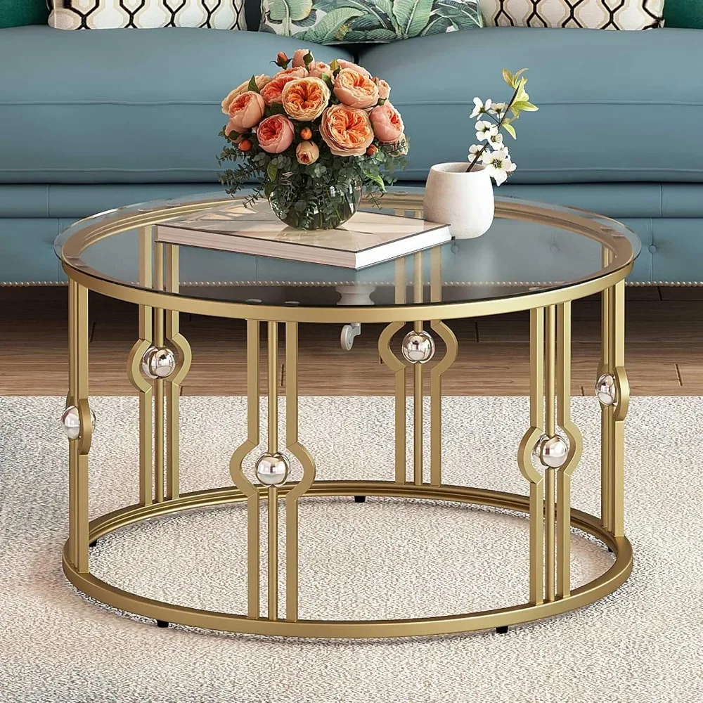 Round Tempered Glass Coffee Table - Gold Accents for Living Room and Office Use