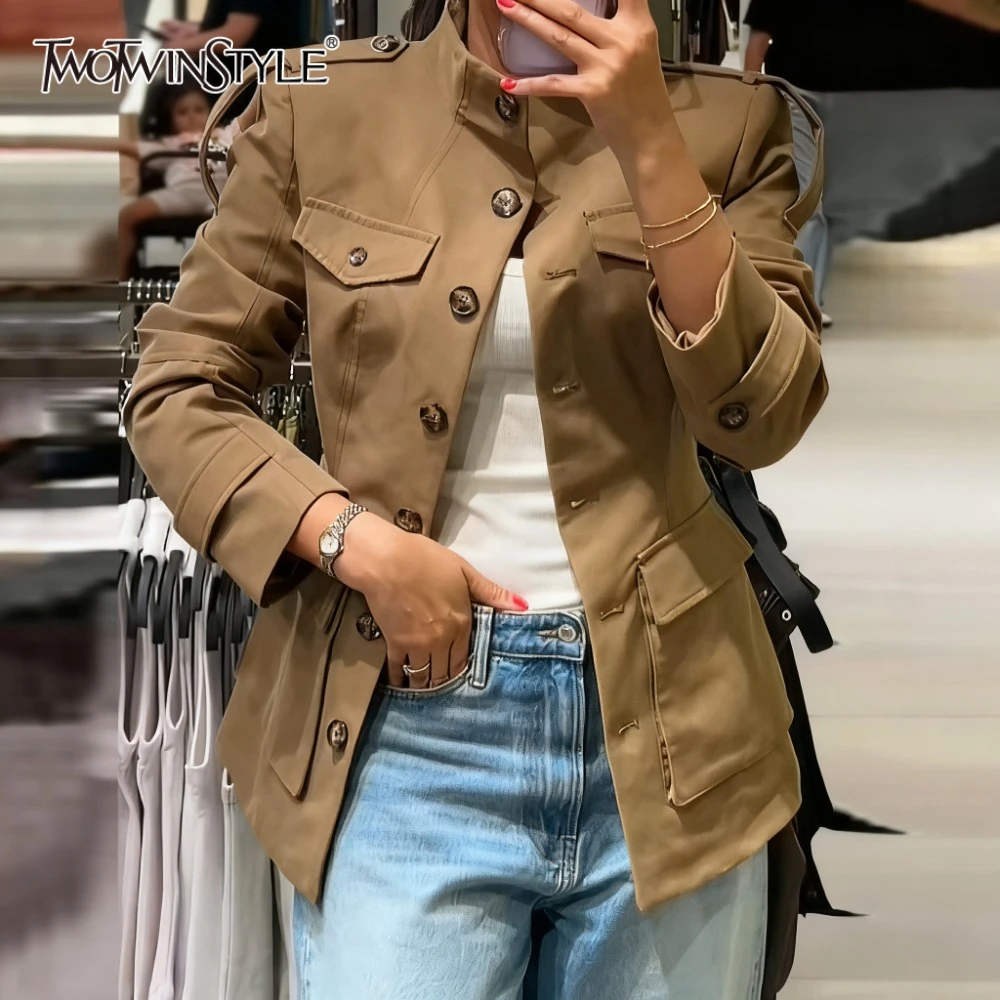 

TWOTWINSTYLE Khaki Spliced Single Breated Jacket for Women Stand Collar Long Sleeve Temperament Slim Vintage Coat Female Autumn