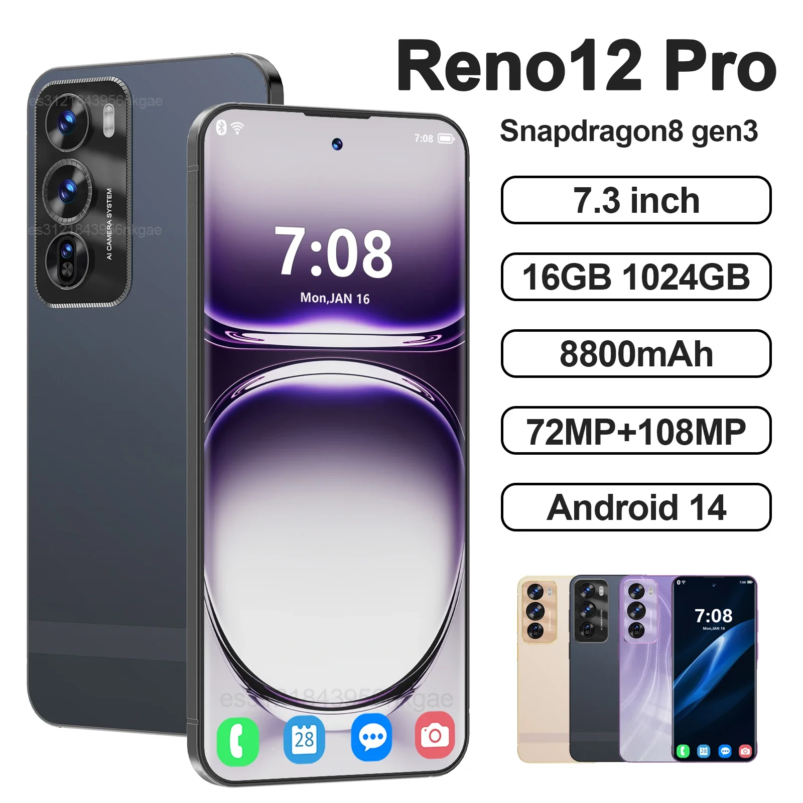 

Original Reno12 Pro Smartphone 7.3inch Global Version 16G+1TB Snapdragon 8gen3 Android14 72+108MP 4GCellphone Mobile Phone NFC