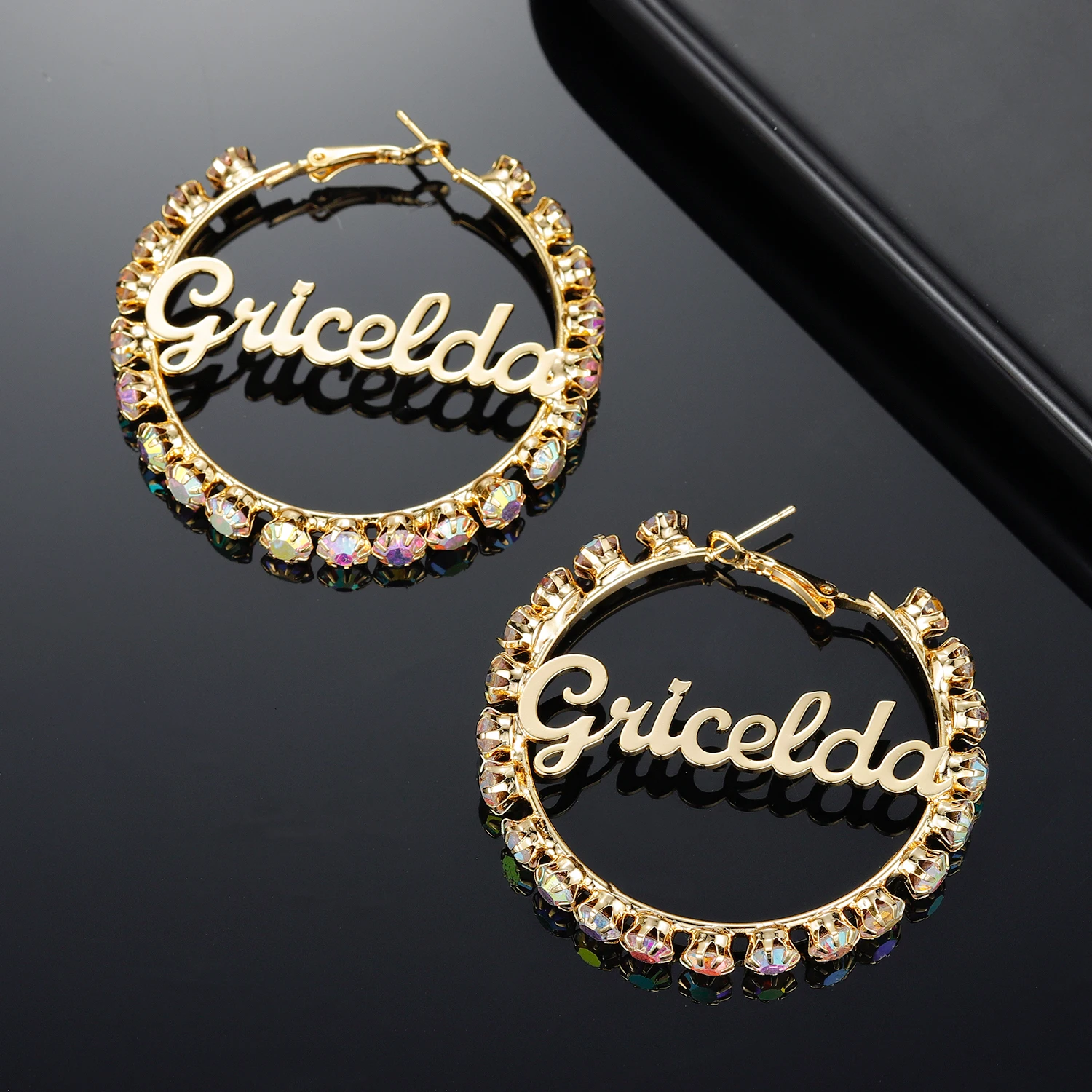 Customized personalized diamond inlaid name earrings, stainless steel round earrings, women's fashion show charm large earrings