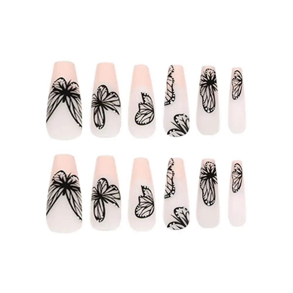 Women Fake Nails Fluttering Beauty 24pcs Long Black Butterfly Print Press-on Nails with Glue for Women Girls Full for Salon