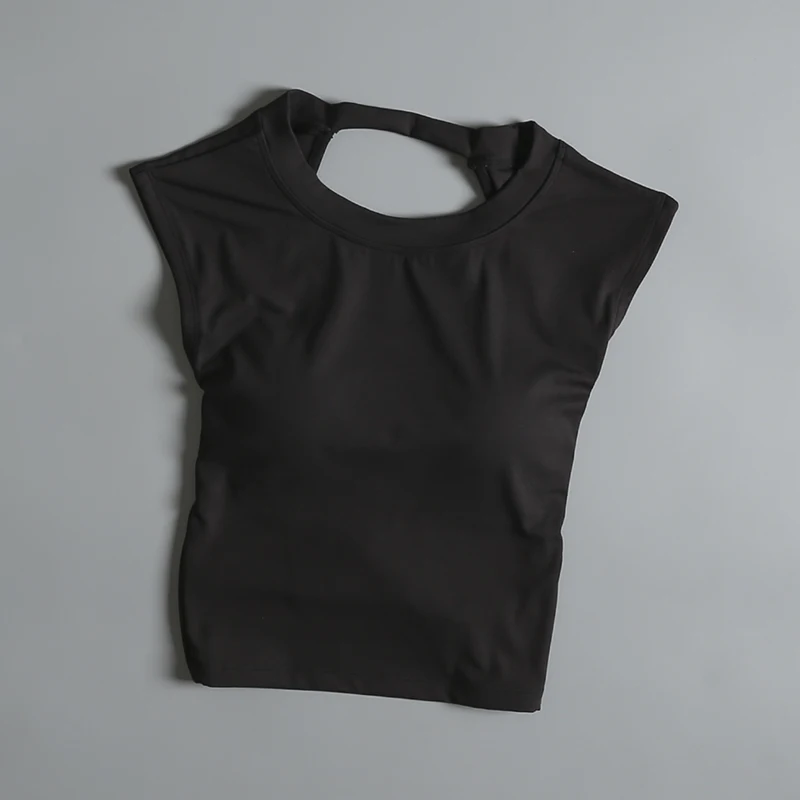 Sport-T-Shirt für Damen im Sommer, kurz, sexy, rückenfrei, integrierter Yoga-Anzug, Weste, zum Laufen, ärmelloser Fitness-Anzug – Detail 18