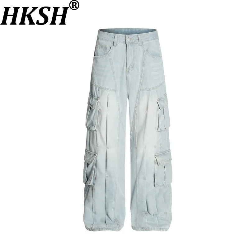 

HKSH весна осень новые мужские потертые джинсовые брюки в стиле панк с карманами в стиле сафари модные уличные модные нишевые широкие джинсы HK10242