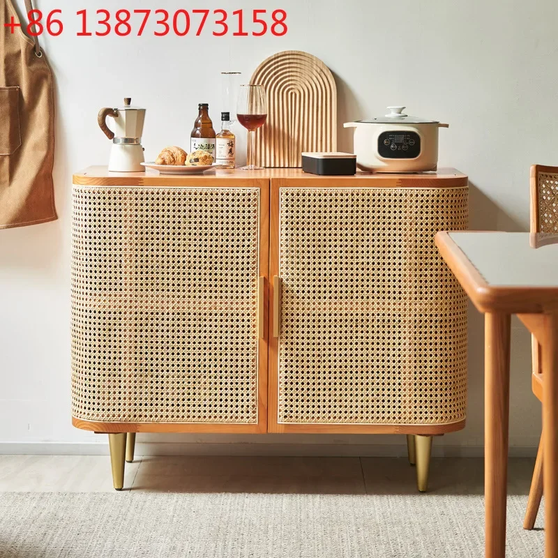 Nordic rattan solid wood sideboard, home living room multi-function storage cabinet, storage cabinet, multi-layer double door en