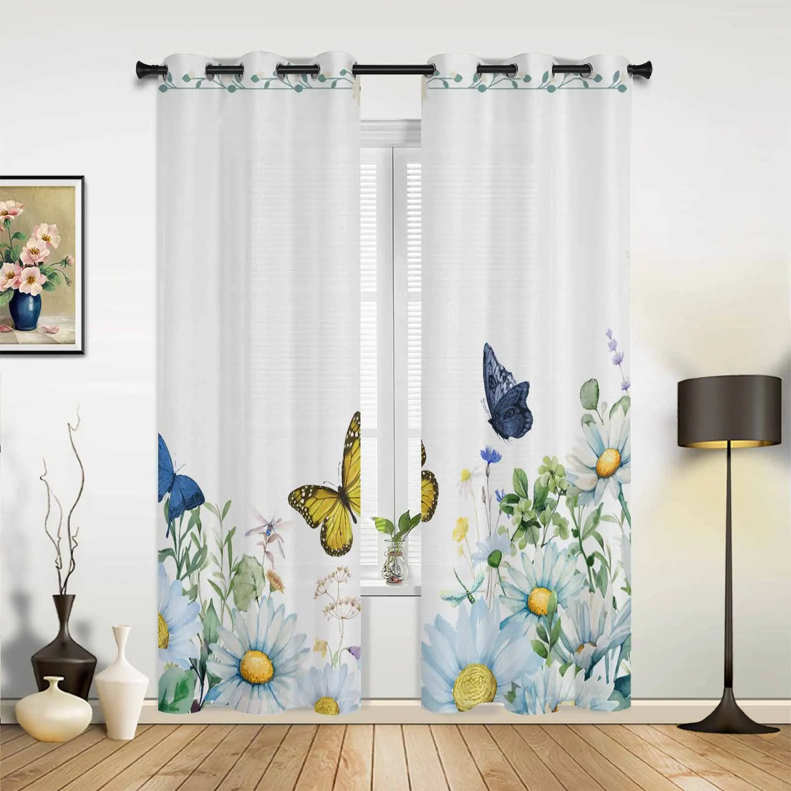 Watercolor Flowers Plants Butterflies Modern Hall Curtains for Living Room Bedroom Window Curtains Panels Drapes