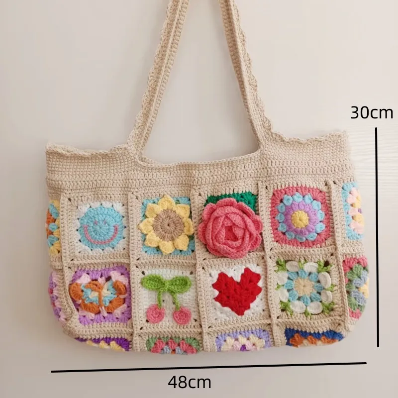 Strawberry Cherry Crochet Granny Square Large Tote Shoulder Bag Handmade Flower Shopping Handbag Vintage Style Summer Beach Bag