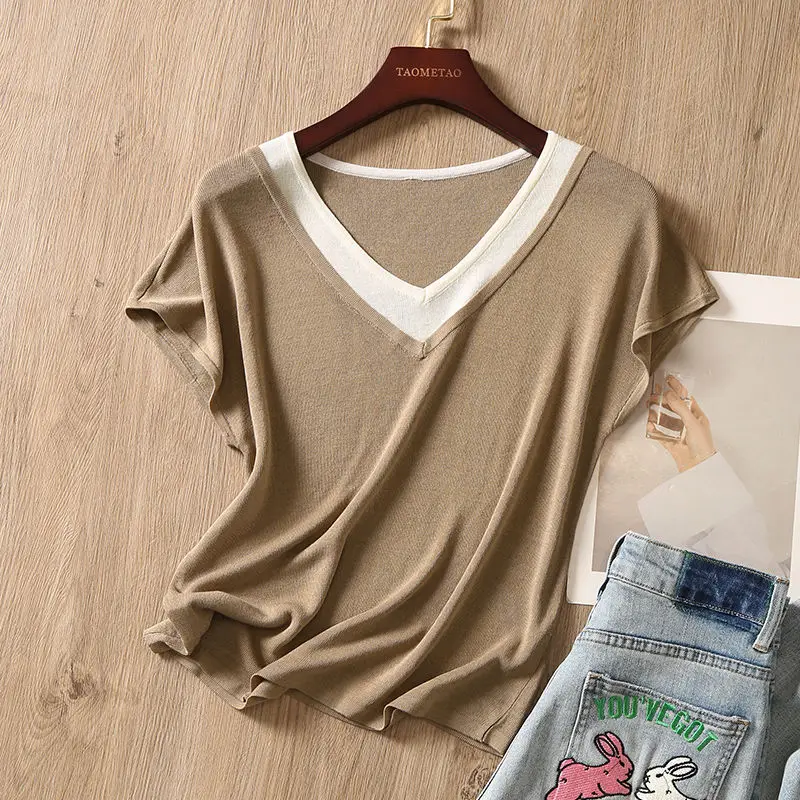 Abbigliamento donna moda Patchwork scollo a v t-shirt in maglia estate Casual allentato tutto-fiammifero manica corta Pullover Office Lady Thin Tops