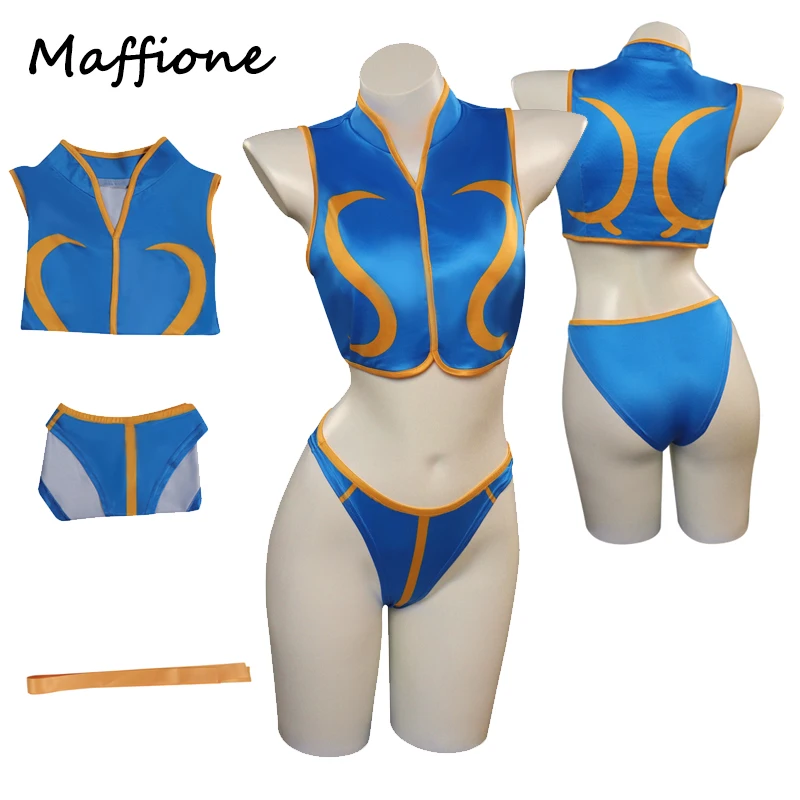 SF Chun-Li-Maillot de bain deux pièces pour femme, costume de cosplay, maillots de bain, ensemble de shorts en Y, bikini, Halloween, carnaval, fête trempée