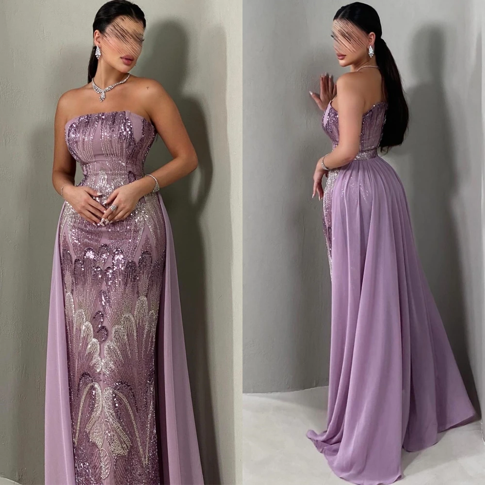 

Customized Formal Purple Jersey Evening Dress Soft Strapless Sleeveless Party Dresses Delicate Sequined Crystal Celebrity Gowns