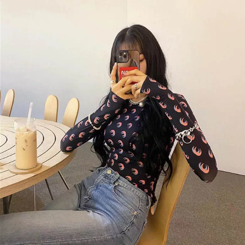 

Женская облегающая эластичная футболка с длинным рукавом и принтом Moon Print, солнцезащитная, для ношения в качестве нижнего слоя, креативный геометрический дизайн