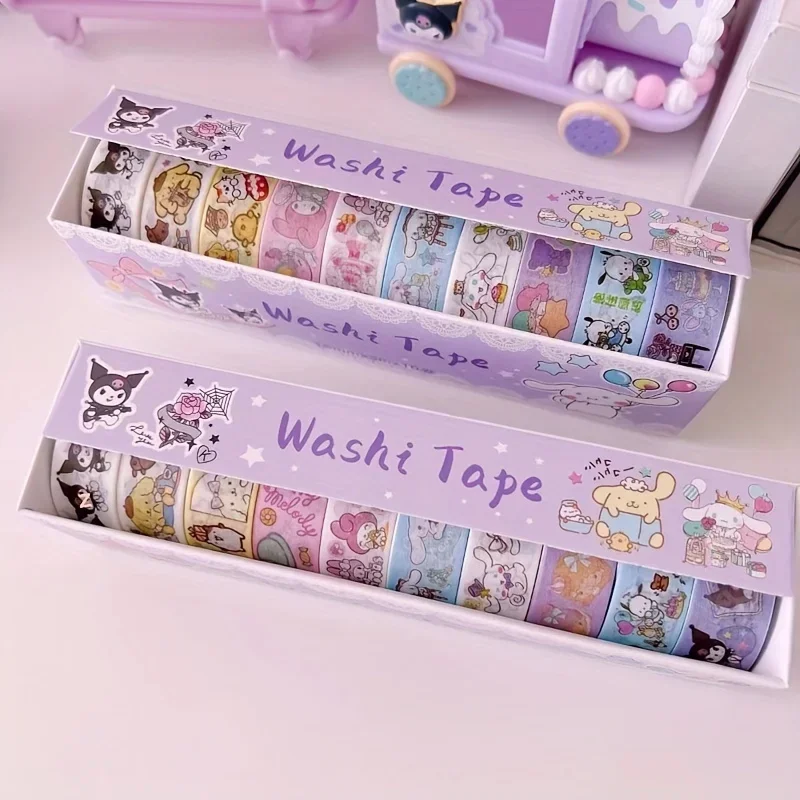 10 Pcs Kawaii Sanrio Kuromi Hello Kitty Washi Tape Set  Adorable My Melody Designs Cartoon Stickers Kids Journaling and Crafting