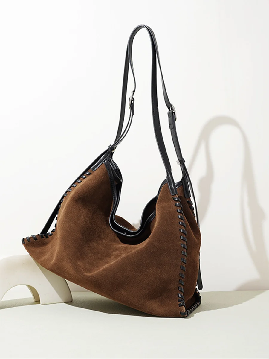 2026 Luxury Hit-color Hand-knitting Edge Long-handle Women Tote Kakhi Real Matte Suede Handbag Cow Leather Female Shoulder Bag