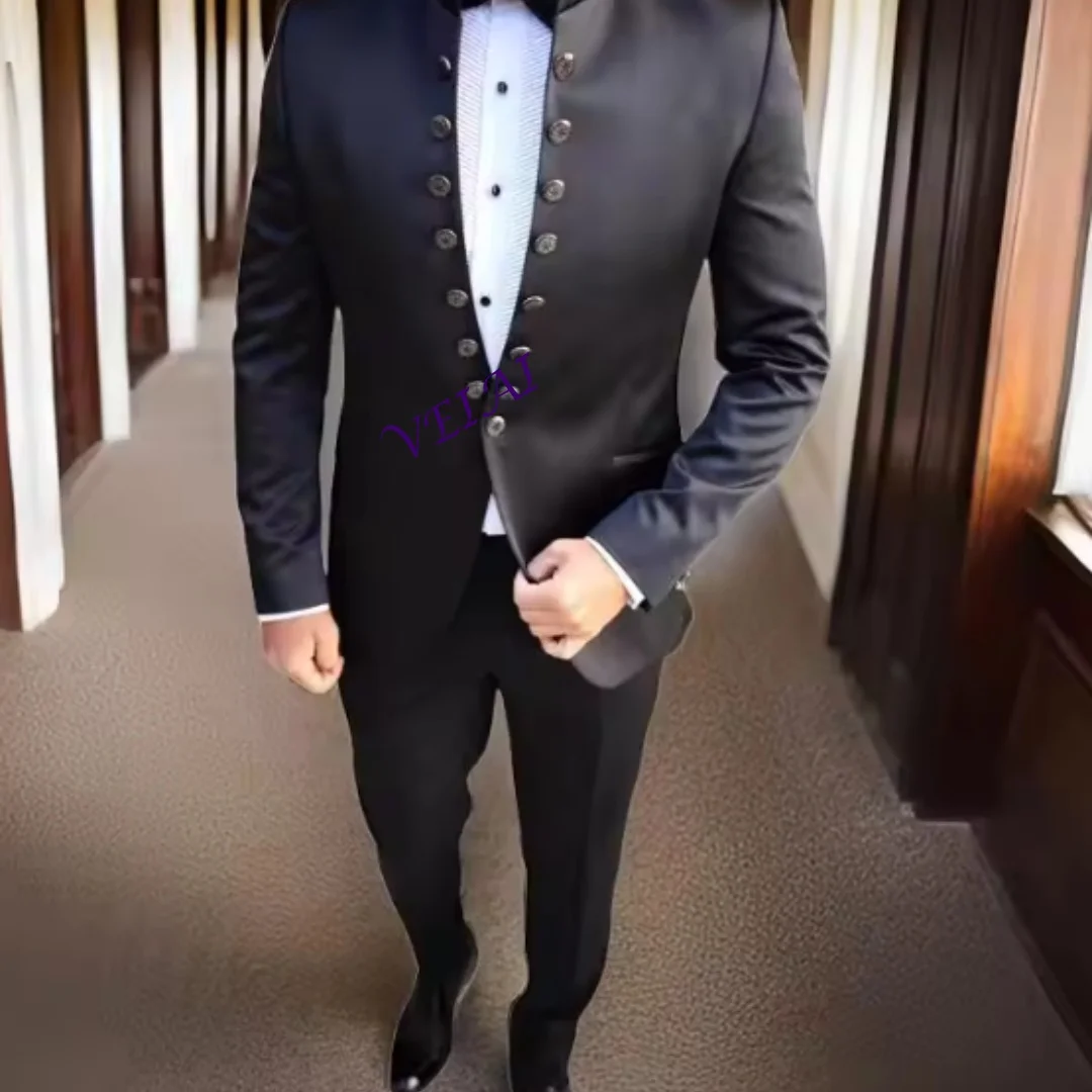 Customized Men's Stand Collar Tuxedo 2-Piece Suit Formal Wedding Party Breasted Jacket And Pants Ensemble