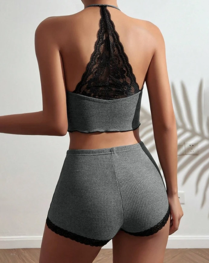 

Fashion 2025 Casual 2 Pieces Colorblock Halter Contrast Lace Backless Tank Top & Waffle Knit Casual Shorts Sets Two Piece Sets