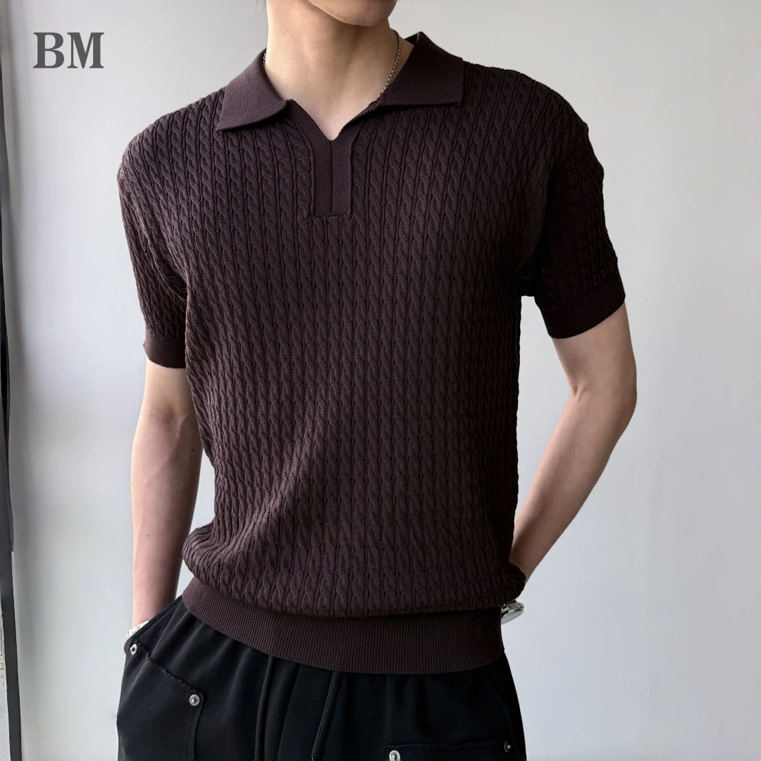 Summer Vintage Knit Textured Camp Collar Polo Tee Mens Short Sleeve Breathable Minimalist Premium Trendy Casual Tops Male 2026