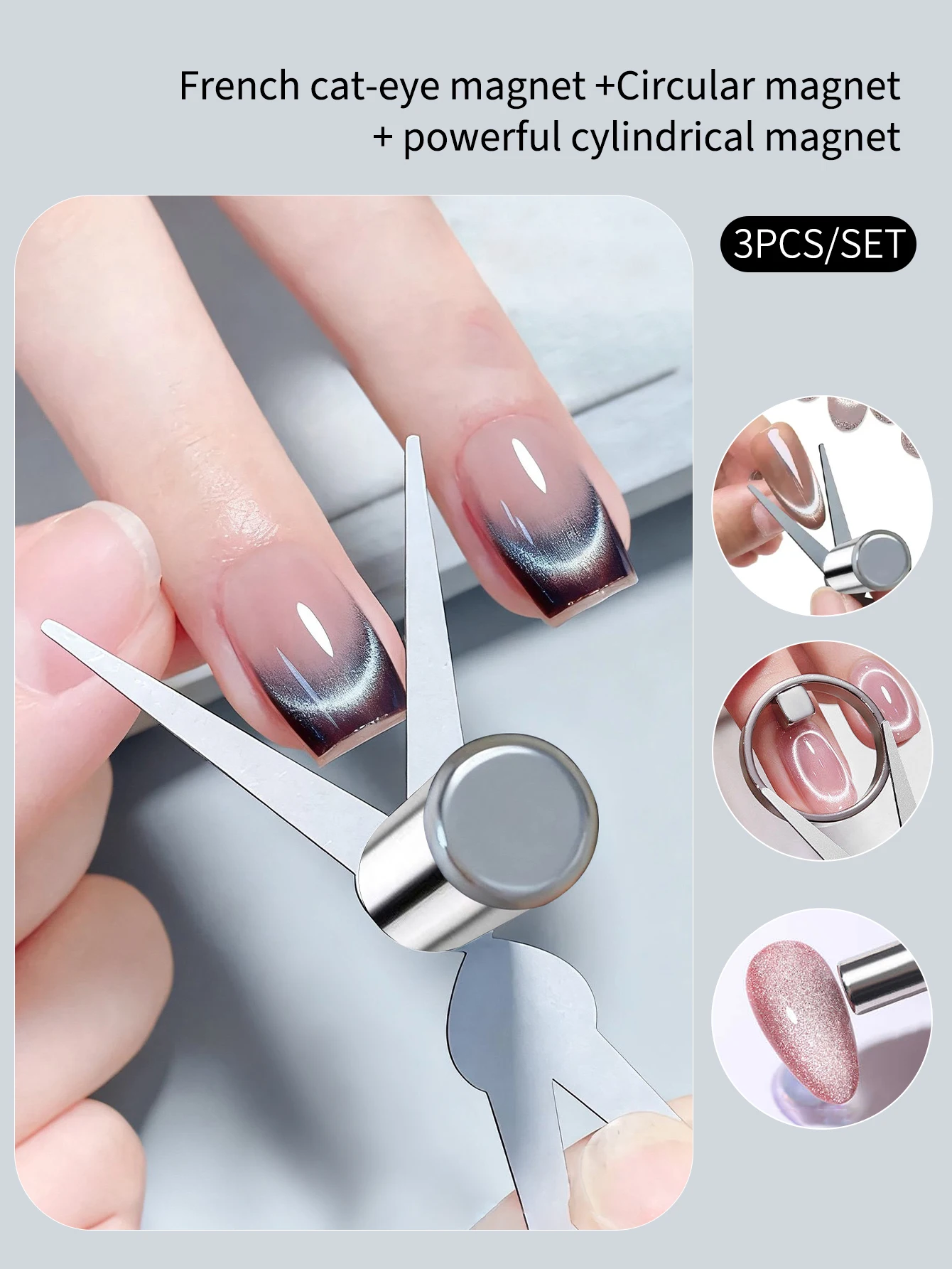 3Pcs Cat Eye Magnet Set: Strong Cylindrical Magnet & Magnetic Ring for Perfect Cat Eye Gel Nails, Manicure Accesso