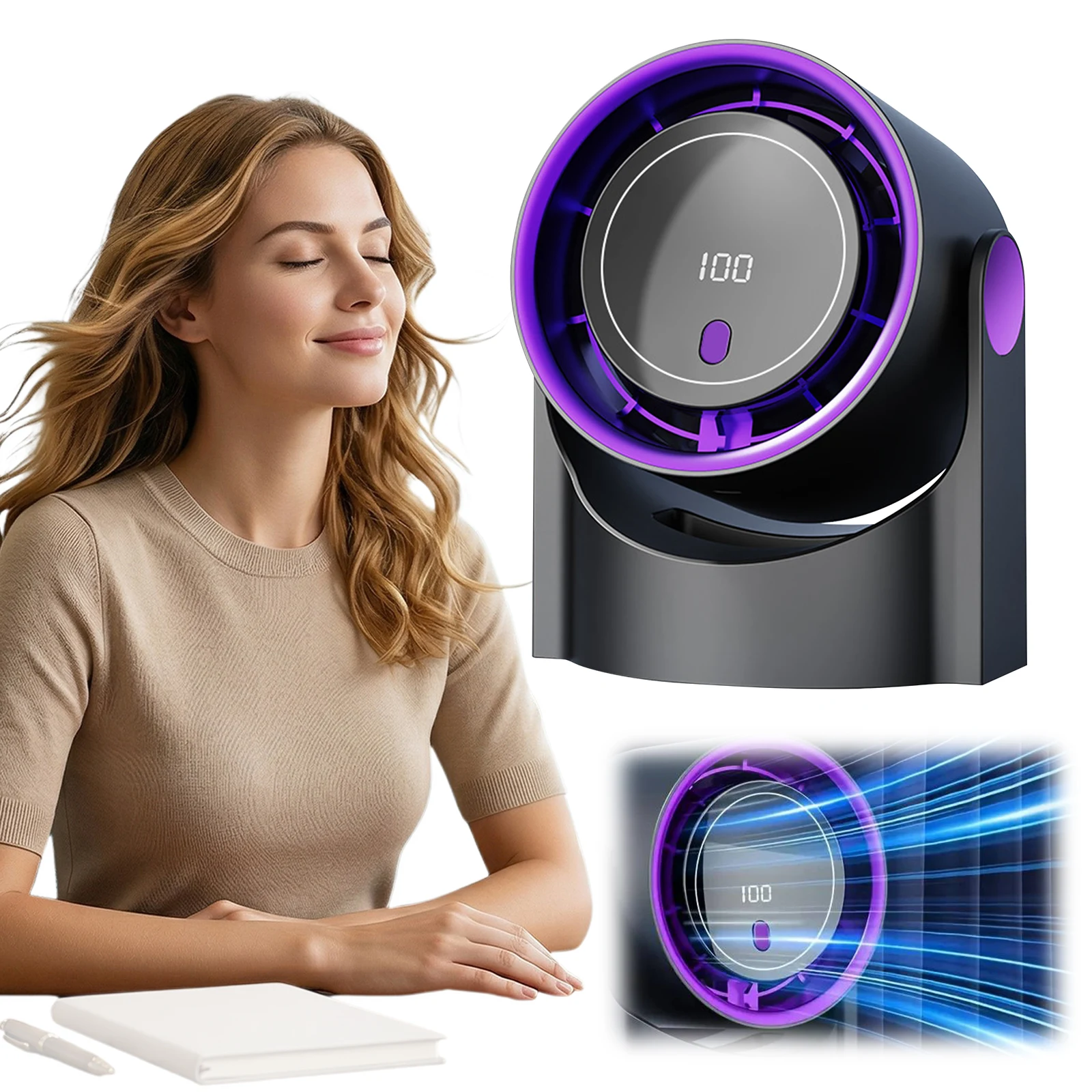 Turbo Table Fan 100 Speeds Digital Display Cooling Fan with Rechargeable Battery Wall-Mouted Design for Bedroom Office Travel