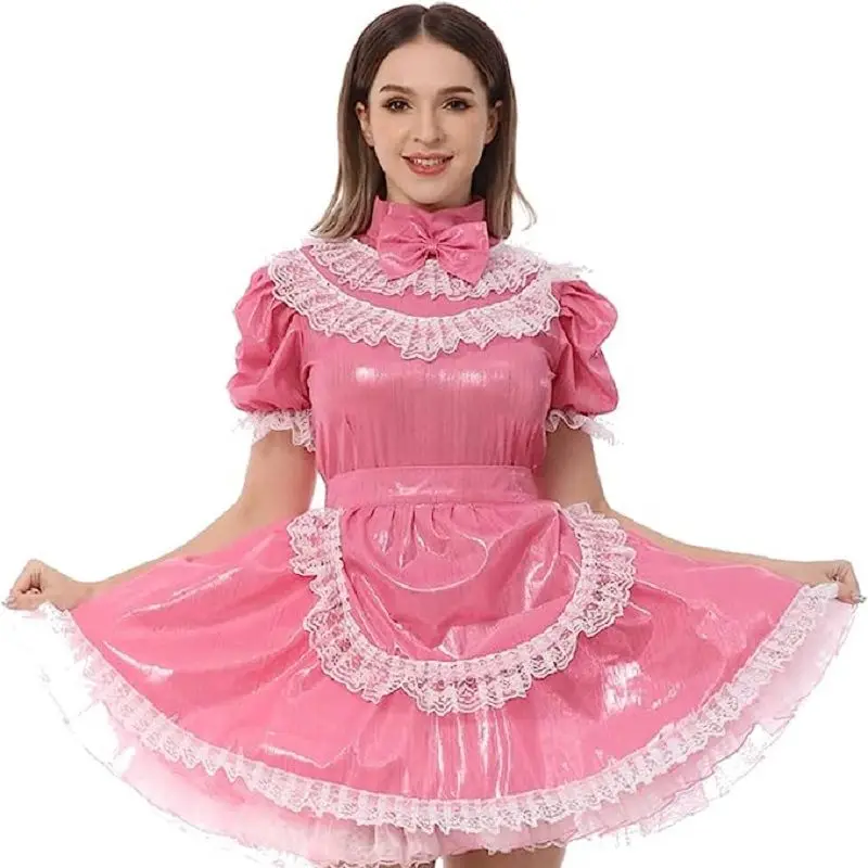 Sexy Girl Pink Thin PVC Sissy Dress Short Sleeve White Lace Trimmed Maid Role Playing Adult Baby Customization