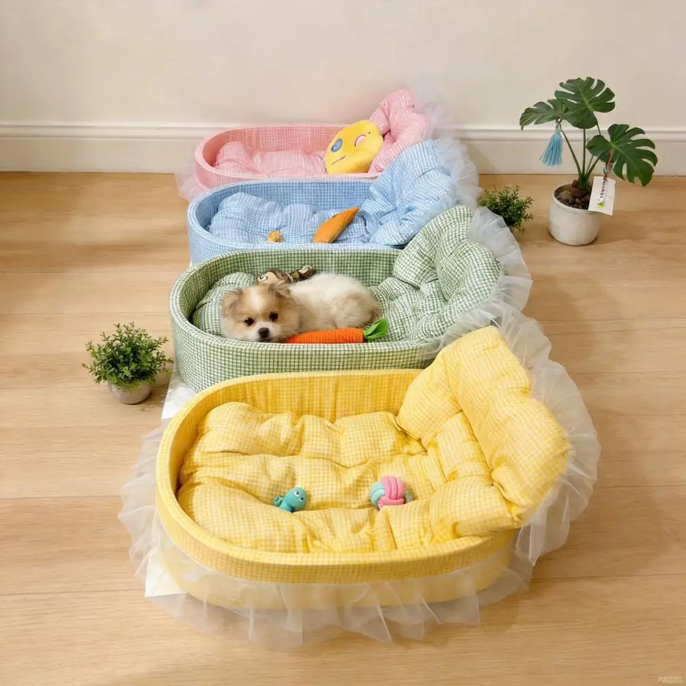 Cute Lace-Trimmed Pet Cat Princess Sofa Bed For Four Seasons Washable and Removable Soft Plush Oval for Small Dogs/Cats