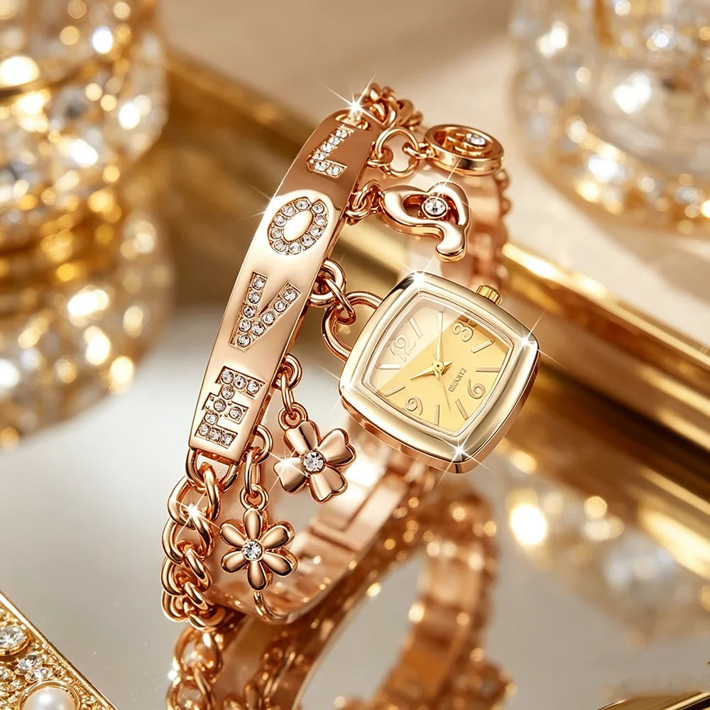 

2pcs-Golden Diamond Women's Watch Set Top Luxury Watch Women's Fashion Gold Bracelet Watch Elegant Clock Montre Femme