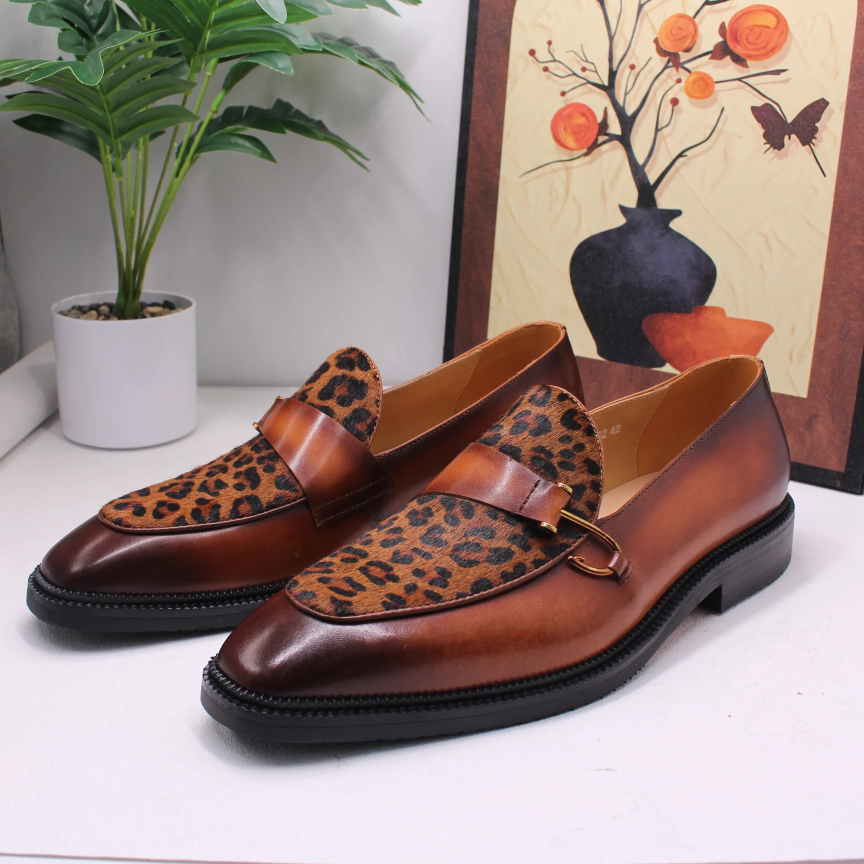 Women's Penny Loafers Cowhide round Toe Square Heel Leopard Print Casual Flats Handmade Outdoor Sewing Female Shoes