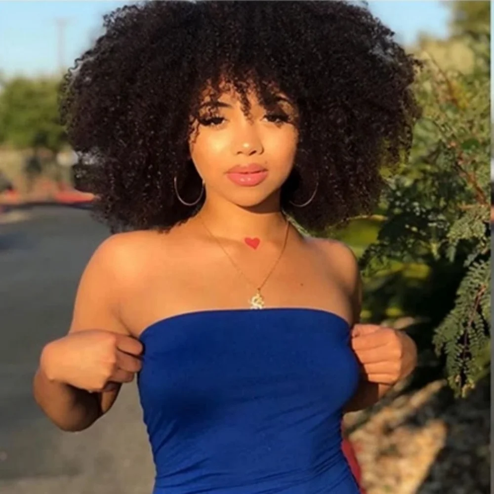 

Afro Kinky Curly Wig With Bangs Full Machine Made Scalp Top Wig 180 Density Afro Curly Human Hair Wigs Natural Color 14-20inch