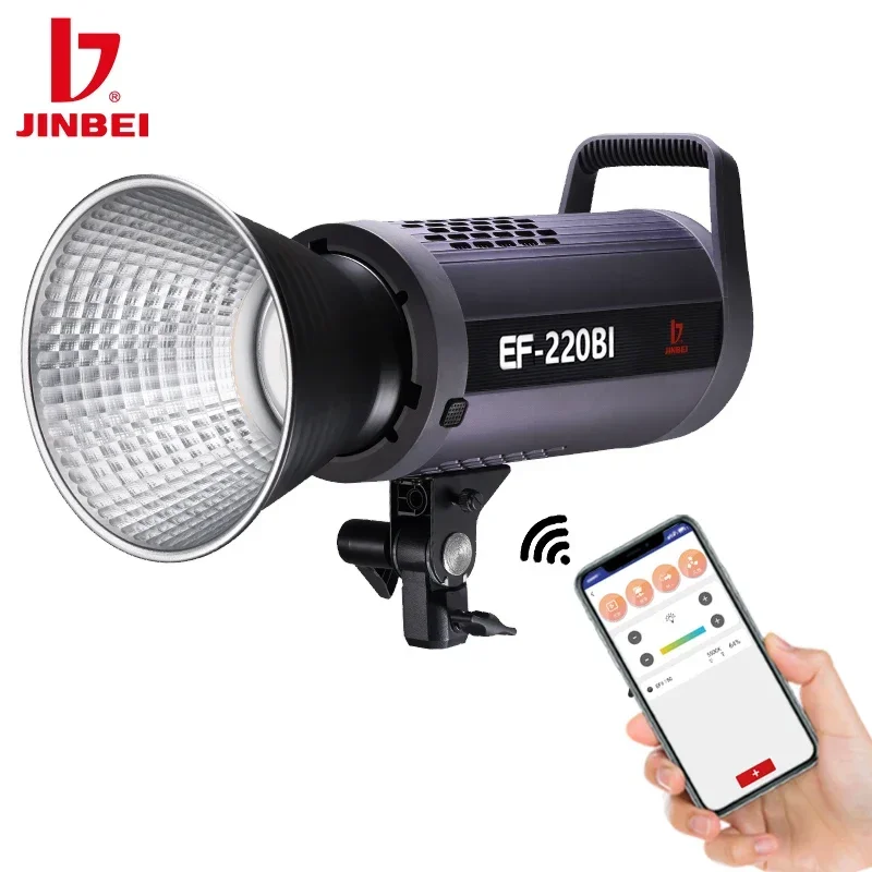 Luz de Vídeo LED JINBEI EF220/220BI 220W 2700-6500K Lâmpada COB Controle por Aplicativo Iluminação para Fotografia Ventilador Ultra Silencioso 10 Efeitos AC DC