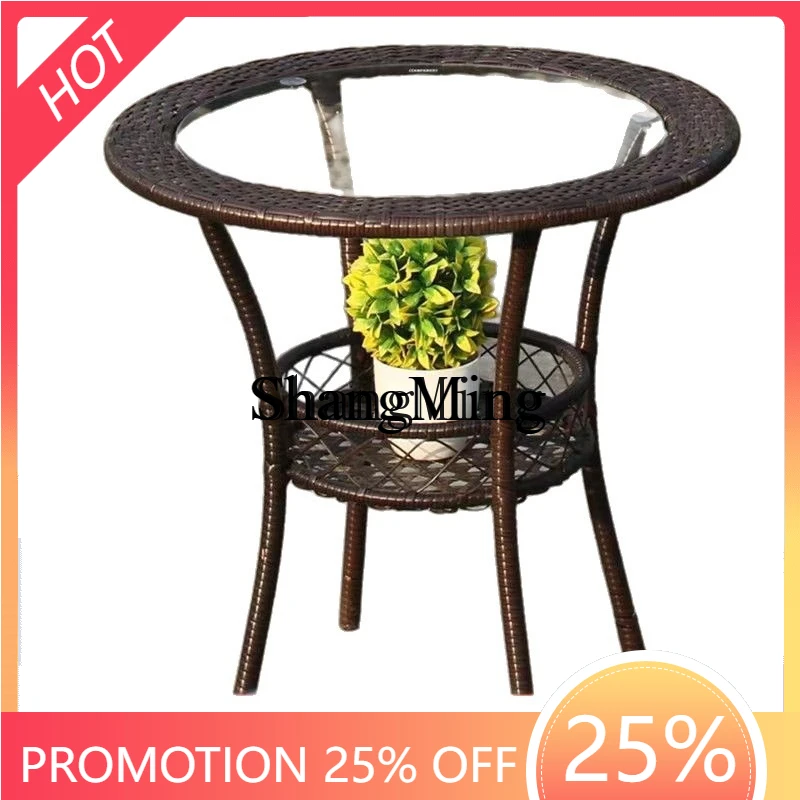 

FGgood-looking simple balcony casual storage small round table mini rattan tempered glass round small coffee table