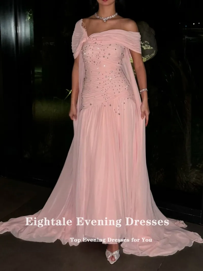 ชุดราตรีแบบอาหรับ Eightale แบบเปิดไหล่ ตัดเย็บตามสั่ง ทรงเอไลน์ ประดับลูกปัด จับจีบ ผ้าชีฟอง สีชมพู ชุดราตรีงานพรอม งานแต่งงาน งานเลี้ยง แบบดารา
