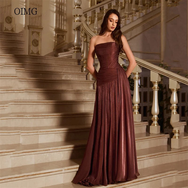 

OIMG Modern Strapless A Line Prom Gowns Shiny Pleated Party Gown Saudi Floor Length Evening Dress vestidos de festa Customized