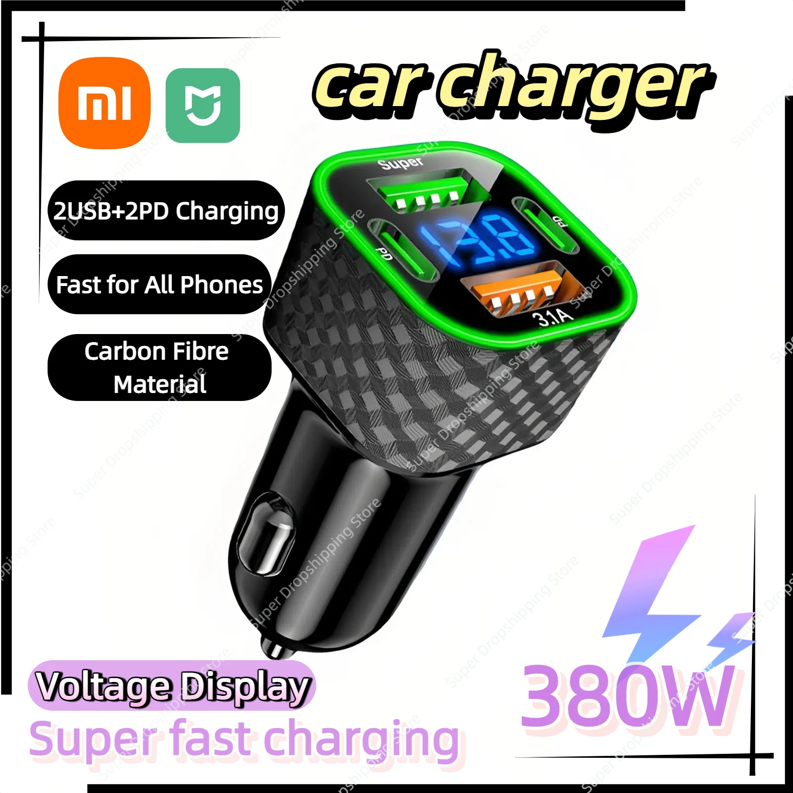 شاحن هاتف السيارة Xiaomi من ألياف الكربون المزدوج PD 4 في 1 عرض الجهد 380 وات محول شحن سريع للغاية لهاتف iPhone Huawei Samsung