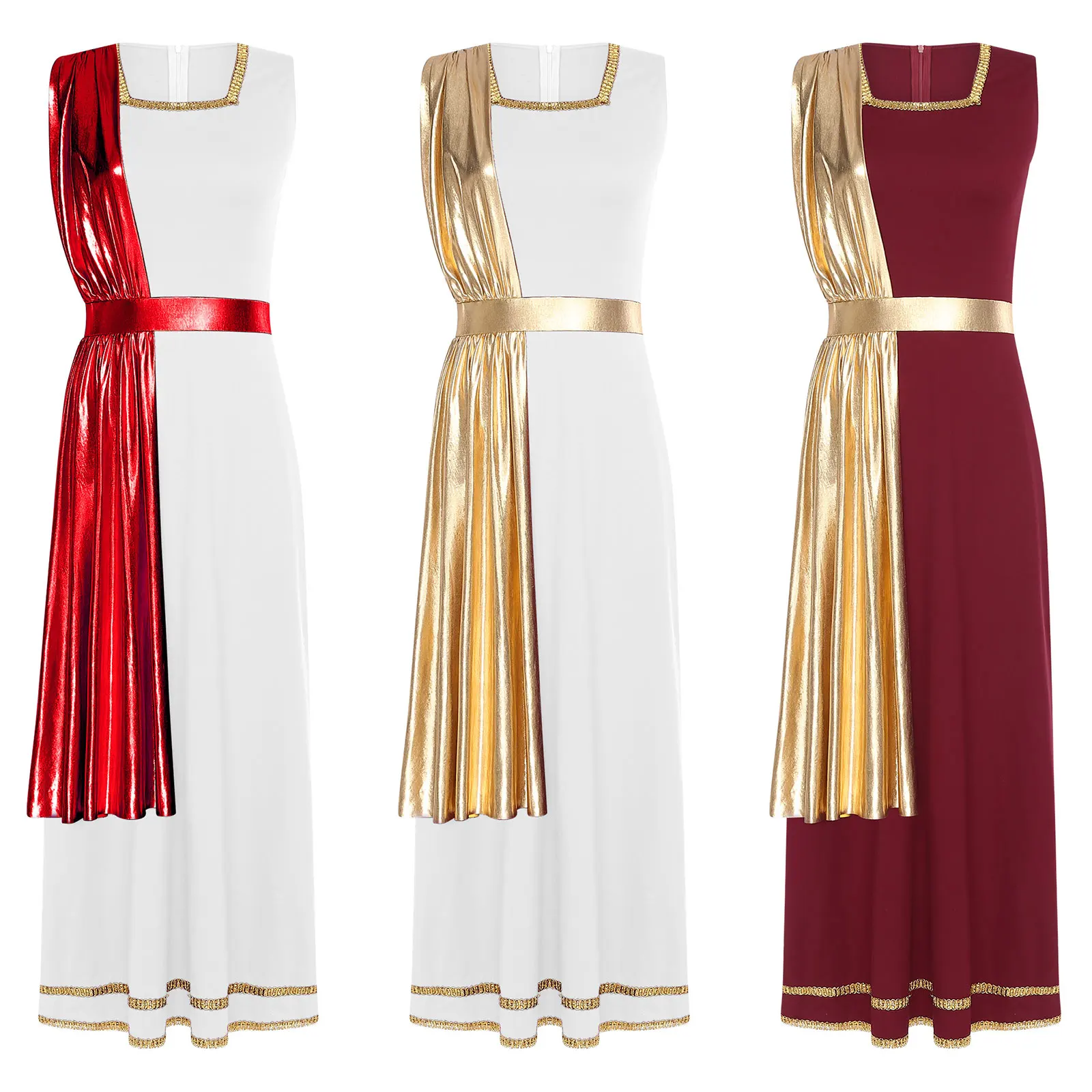 

Женский костюм древнегреческой римской королевы, принцессы, карнавальный костюм без рукавов, блестящая металлическая туника, платье-тога для тематической вечеринки на Хэллоуин