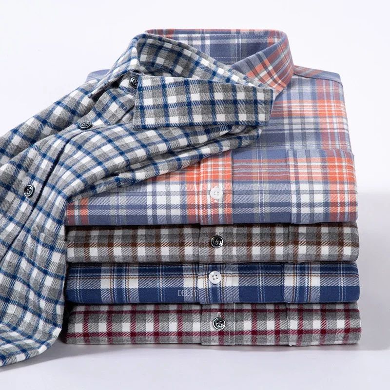 2024 Men Checkered Brushed Fabric Square Collar Regular Fit Pure Cotton Long Sleeve Shirt for Comfortable Business Causal New