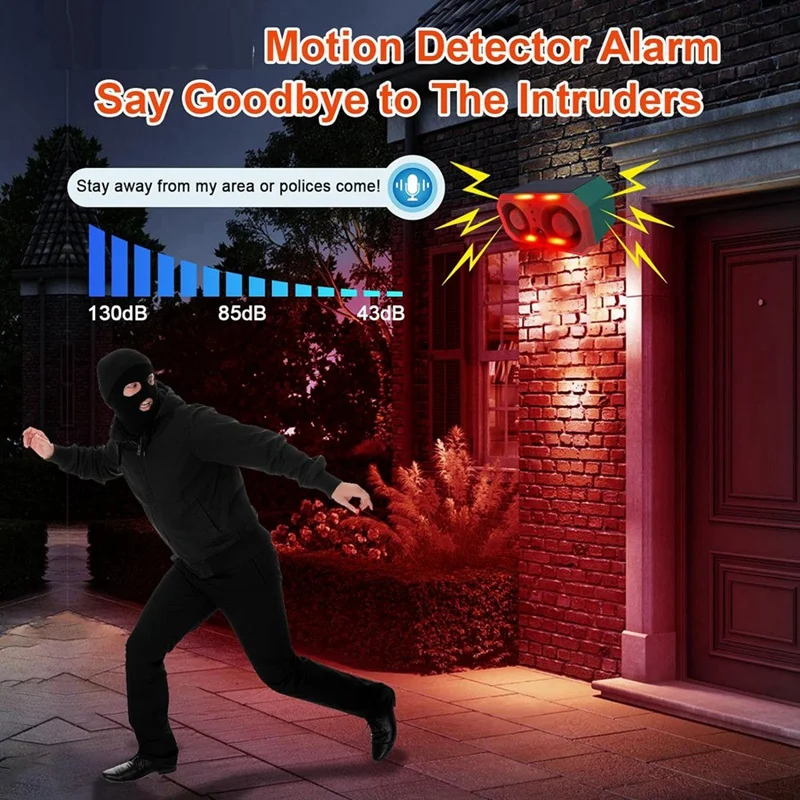 XTECH Solar Outdoor Motion Sensor Alarm With 13 Sound,130Db Dual Speaker Motion Detector Alarm Light With Remote For Farm Yard