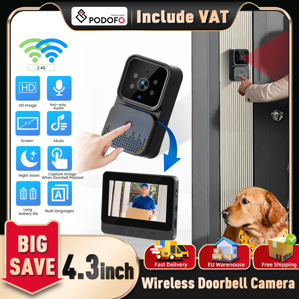 Sonnette sans fil Podofo Tuya, sonnette pour la maison, caméra de sécurité, WIFI, mémoire cloud, interphone, vision nocturne, IP65, étanche