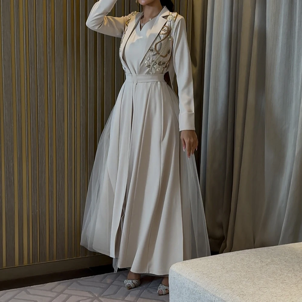 Customized A-line Evening Dresses Ankle-length V-neck Full Sleeve Prom Gown Fashion Sequined Flowers Simple Draped Party Gown