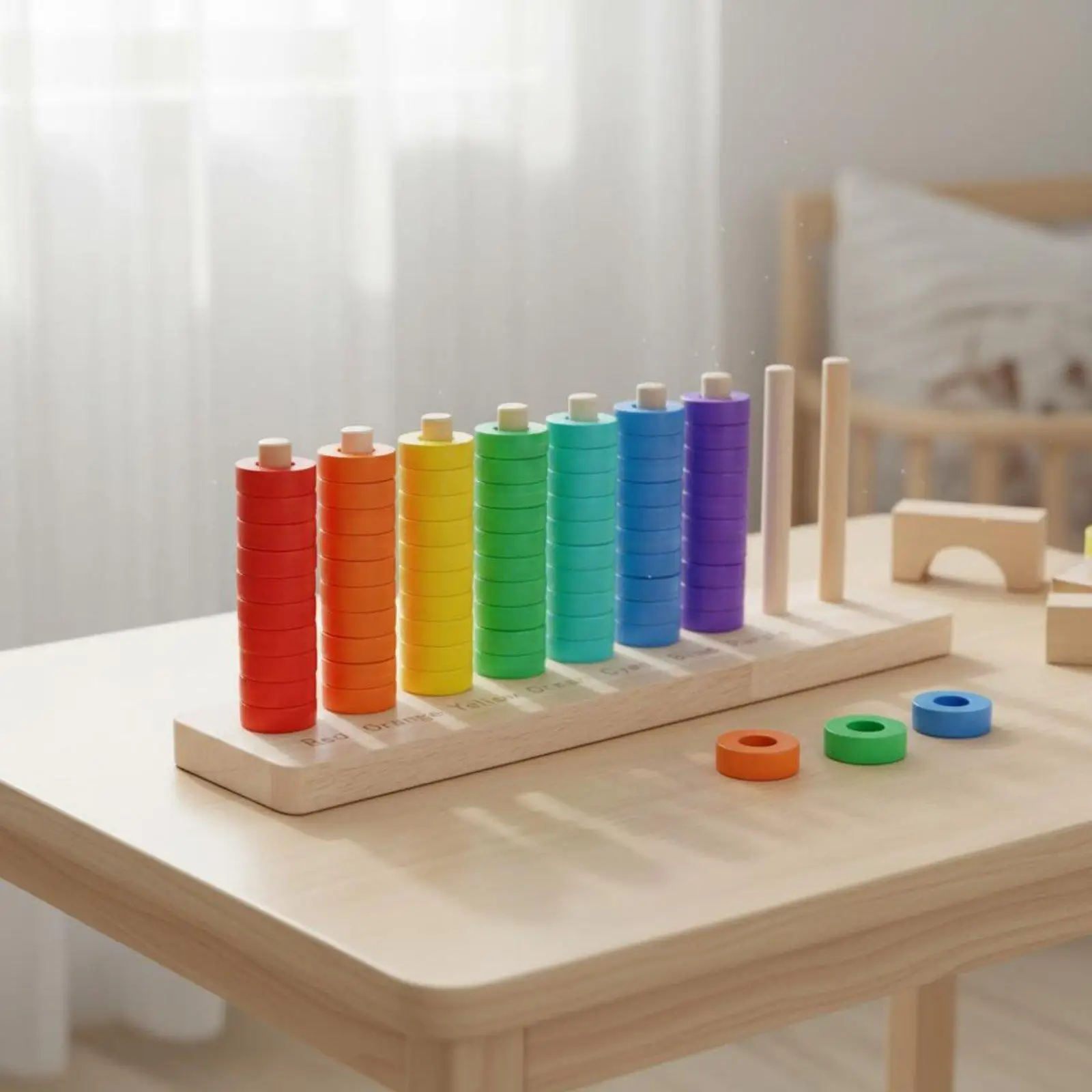 Children Stacking Rings Wooden Educational Toy Rainbow Color Matching Puzzle Early Learning for Preschool Kids