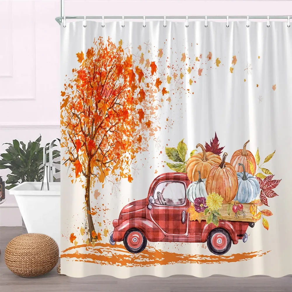 Autumn Shower Curtains Fall Red Maple Truck Pumpkin Sunflower Flower Print Farm Thanksgiving Bathroom Decor Fabric Bath Curtain