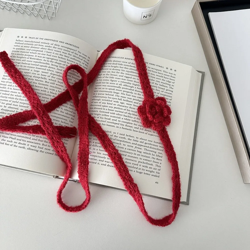 

Solid Color 3D Rose Scarf Handmade Crocheted Wool Shawl Narrow Ribbon Scarf Three-Dimensional Rose Knitted Scarf