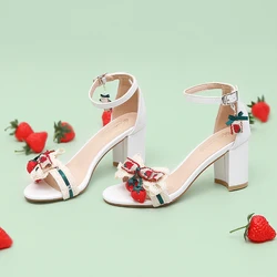 Summer Sweet Strawberry Flower Sandals Sweet Girl Ankle Strap Open Toe Lace Bowknot Shoes Chunky Square Heel Daily Wear Pumps