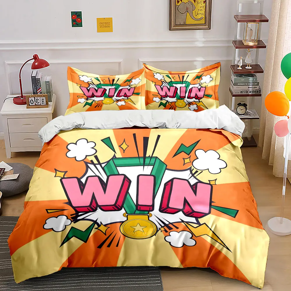 Pop Art WIN Gold Medal Champion Bedding Set,Burst Comic Football Winner Print Teen Boys Duvet Cover 1 Duvet Cover 2 Pillowcase