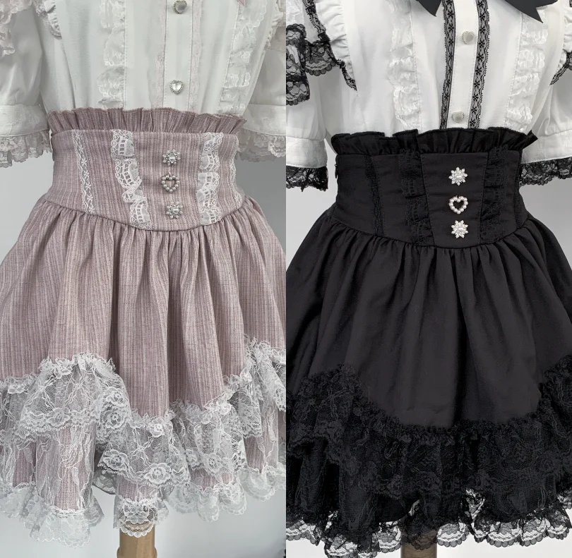 Japanese New Summer Short Skirt Mass-produced Lace Dress with Cute Lace Edges Slimming High Waist Kawaii Skirts for Girls