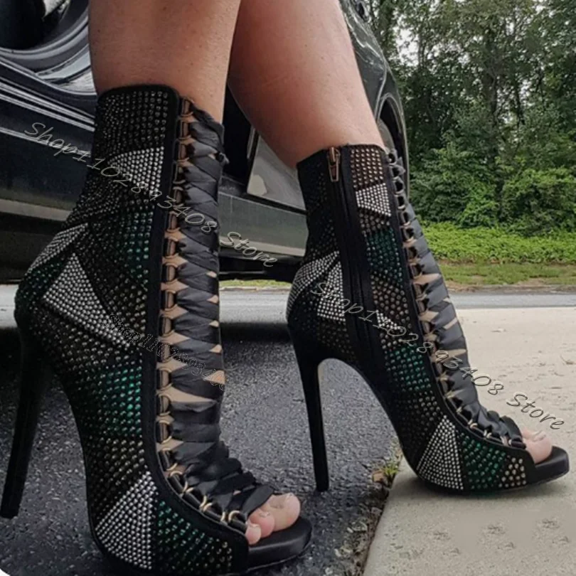 

Mixed Rhinestone Decor Sandal Boots Stiletto Peep Toe Lace up Side Zipper Shoes Design for Women Party Shoes Zapatos Para Mujere